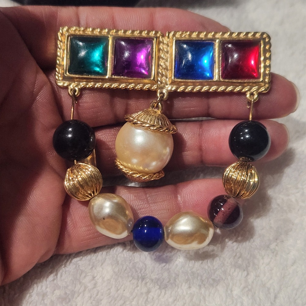Vintage Gold Tone Multi Color Cabochon Faux Pearl Beaded Drop Statement‎ Brooch - Picture 5 of 9